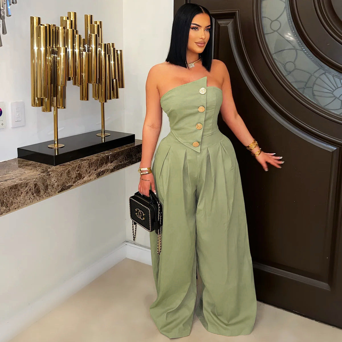 Tube Top Sleeveless Metal Button Design Women's Wide Leg Jumpsuit