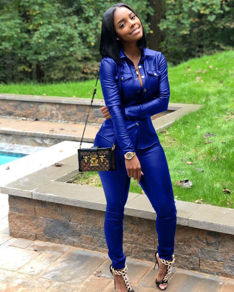 PU Leather Double Pocket Design Women's Solid Color Long Sleeve Button-Up Blouse + Skinny Pants 2-Piece Set to 3X Plus Size