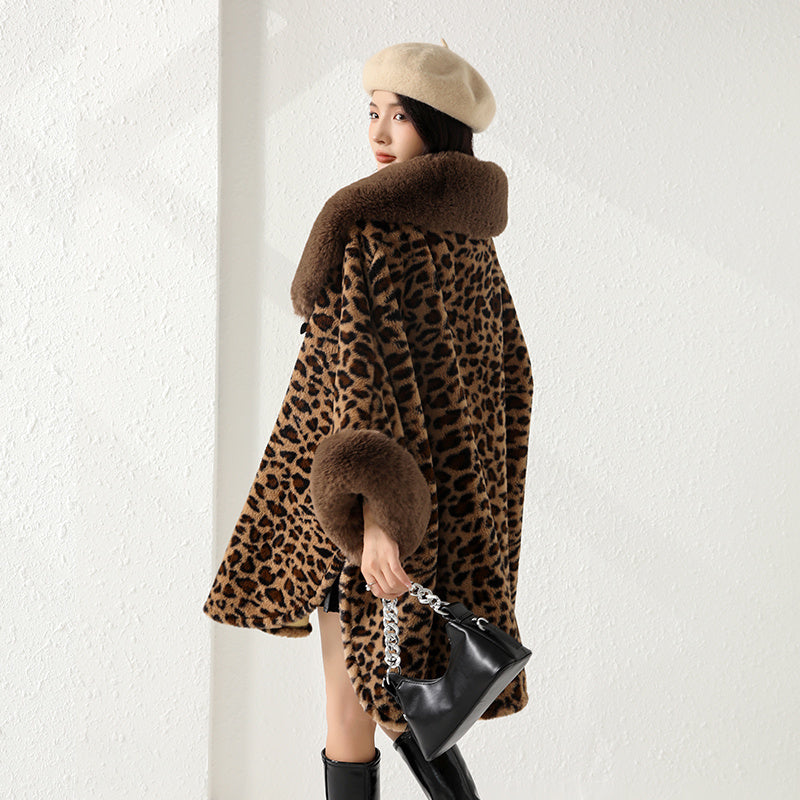 Oversized Faux Fur Collar Zebra/Cowhide/Leopard Print Black/White Women's Shawl Coat