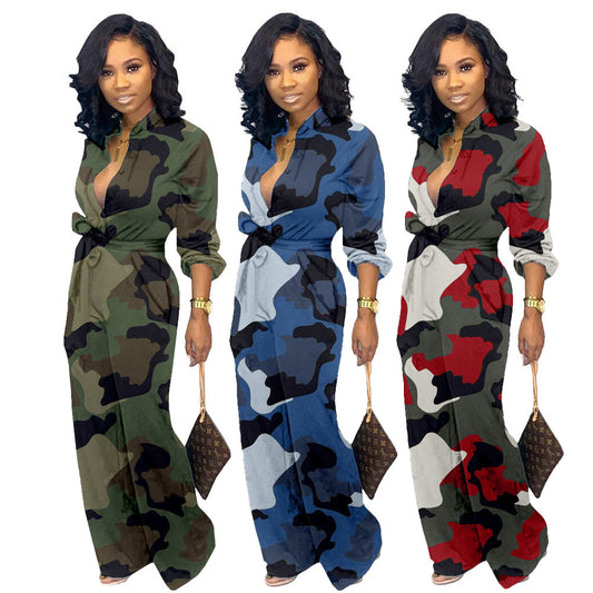 Camoflauge V-Neck Long Sleeve Women's Wide Leg Jumpsuit