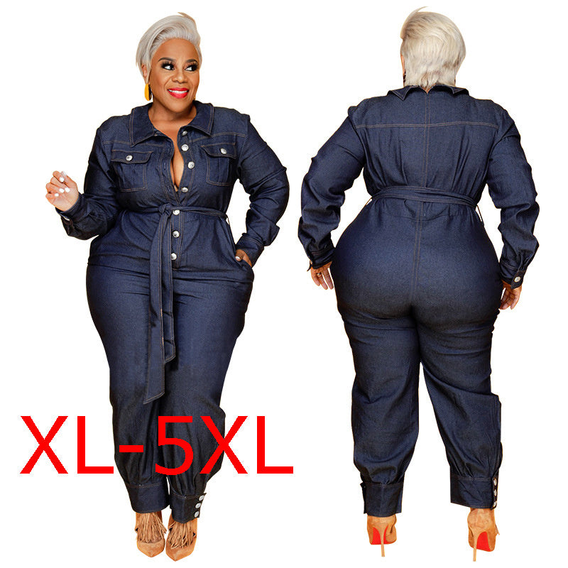 Dark Blue Denim Double Pocket Design Women's Long Sleeve Button-Up Sash Belted Jumpsuit to 5X Plus Size