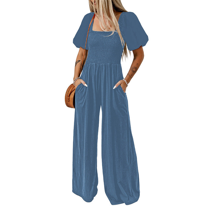 Square Collar Short Puff Sleeve Solid Color Wide Leg Jumpsuit