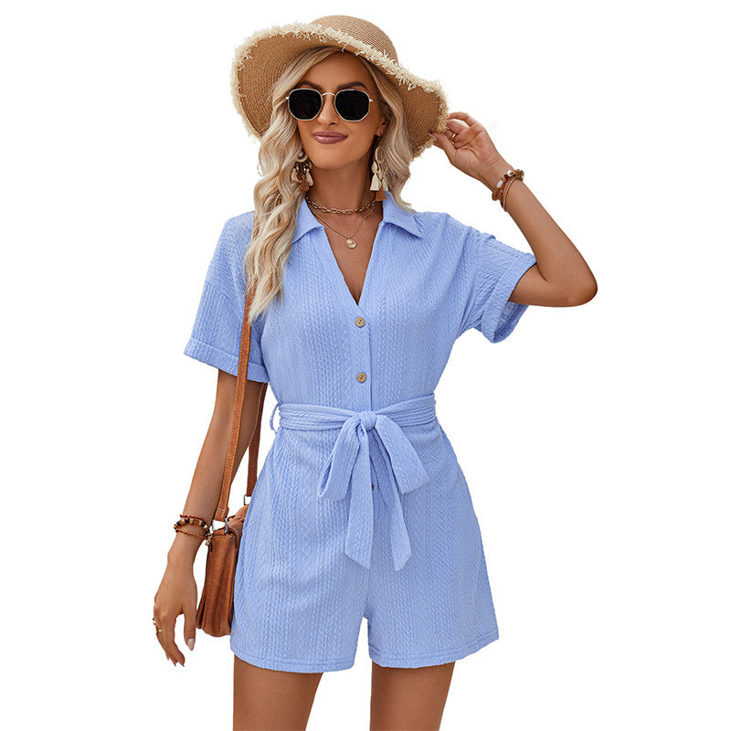 Ribbed Short Sleeve Lace-up Turn-Down Collar Solid Color Button-Up Sash Belt  Shorts Romper