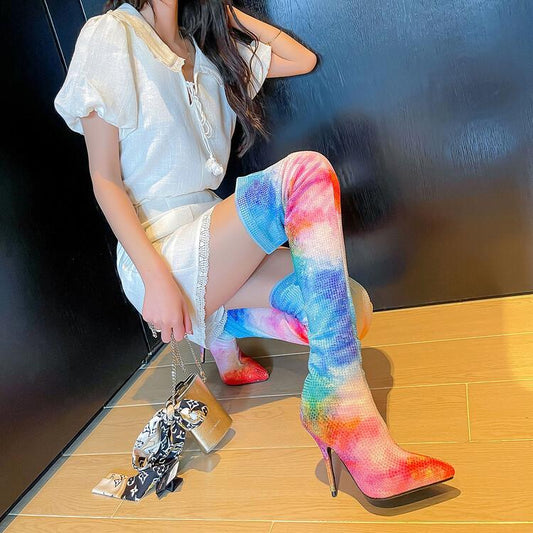 Iridescent Hot Pink/White/Blue Colorblock Tie-Dye Print Skinny Heel Over-the-Knee Elastic Boots