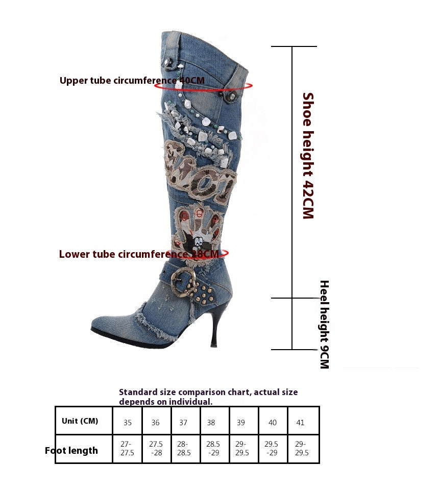 Denim Ripped Women's String Beaded Stiletto Heel Knee-High Jean Boots