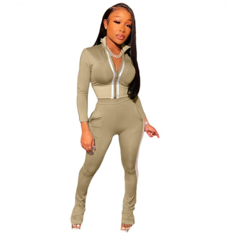 Skinny Side Striped Women's Zipper Sports Jacket + Skinny Sweatpants Tracksuit