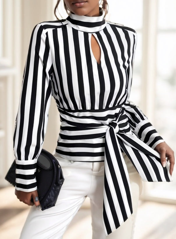 Striped Long Sleeve Tied Sash Women's Shirt