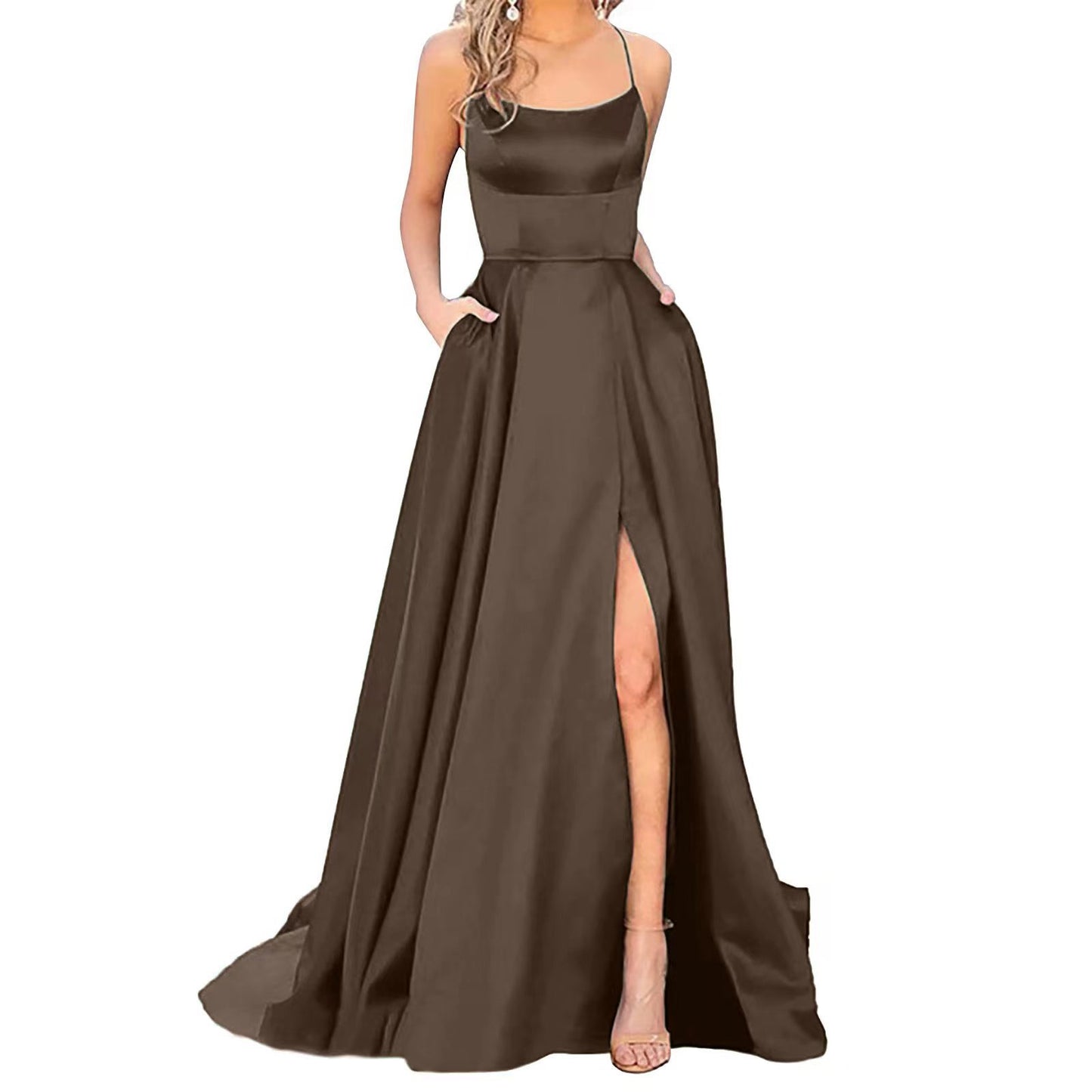 Silk Solid Color Halter Spaghetti Strap High Slit Bridesmaid/Party Formal Dress to 3X Plus Size