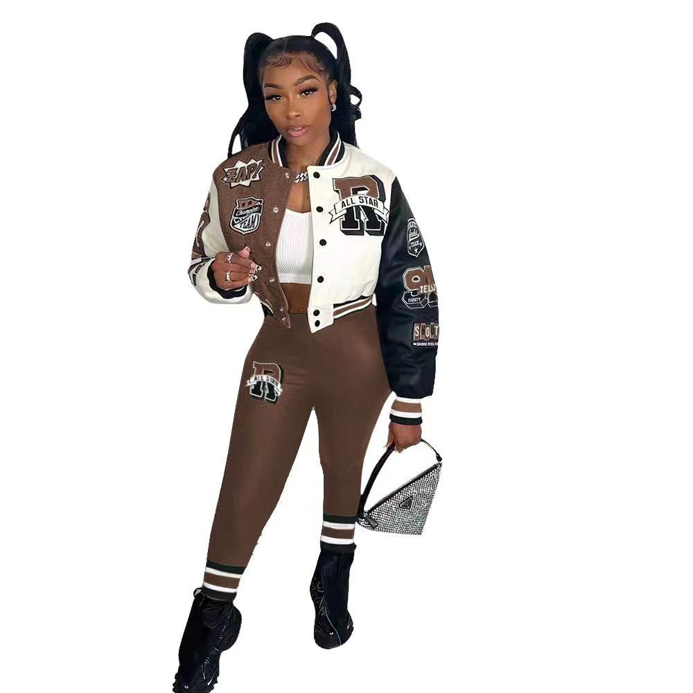 Colorblock Varsity Women's Hip-Hop Letterman's Baseball Bomber Jacket + Sweatpants 2-Piece Set