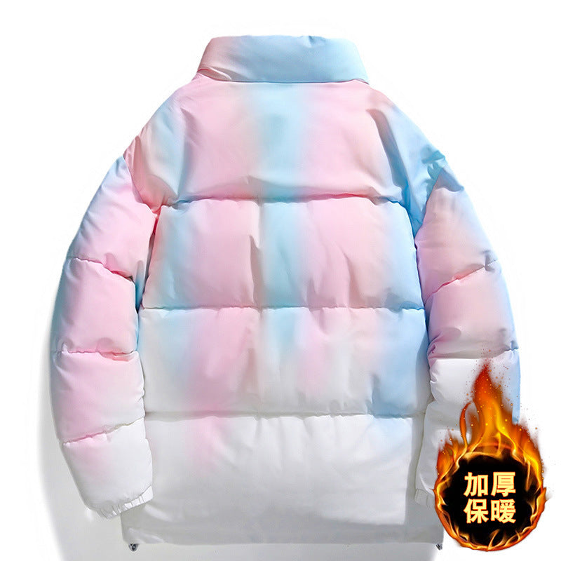 Men's Gradient Colorblock Hip-Hop Stand Collar Plush Thick Down Puffer Jacket w/ Pockets