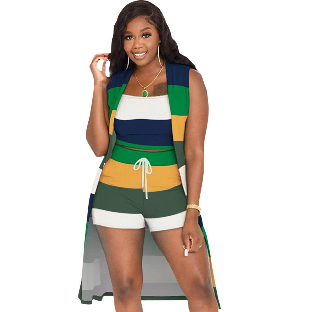 Striped Multi-Colored Sleeveless Maxi Vest, Tank Top + Drawstring Shorts Women's 3-Piece Set