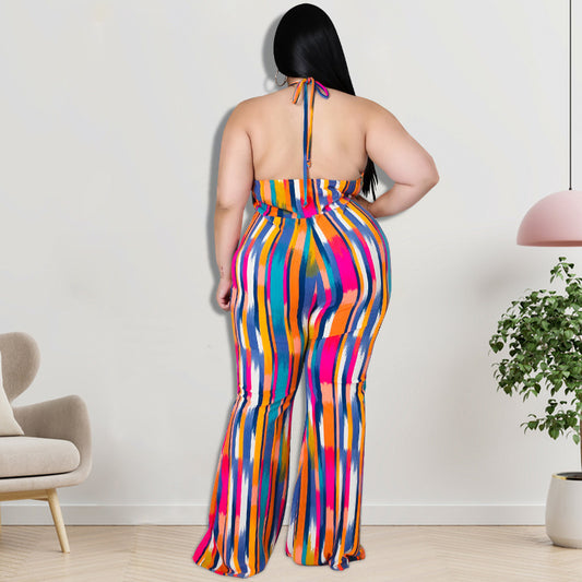 Sleeveless Rainbow Pastel Geometric Print Backless Women's Jumpsuit to 5X Plus Size