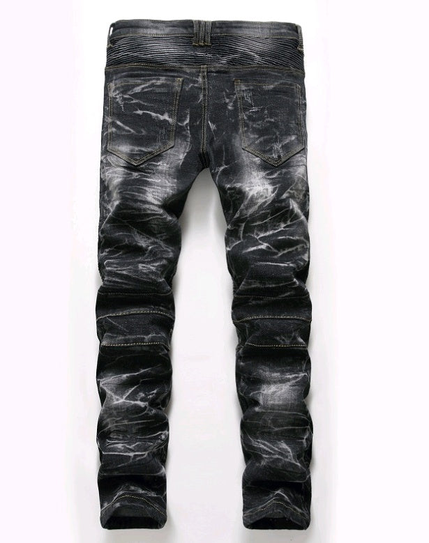 Men's Denim Gradient Washed Ribbed Ruched Ripped Zipper Pocket Skinny Jeans