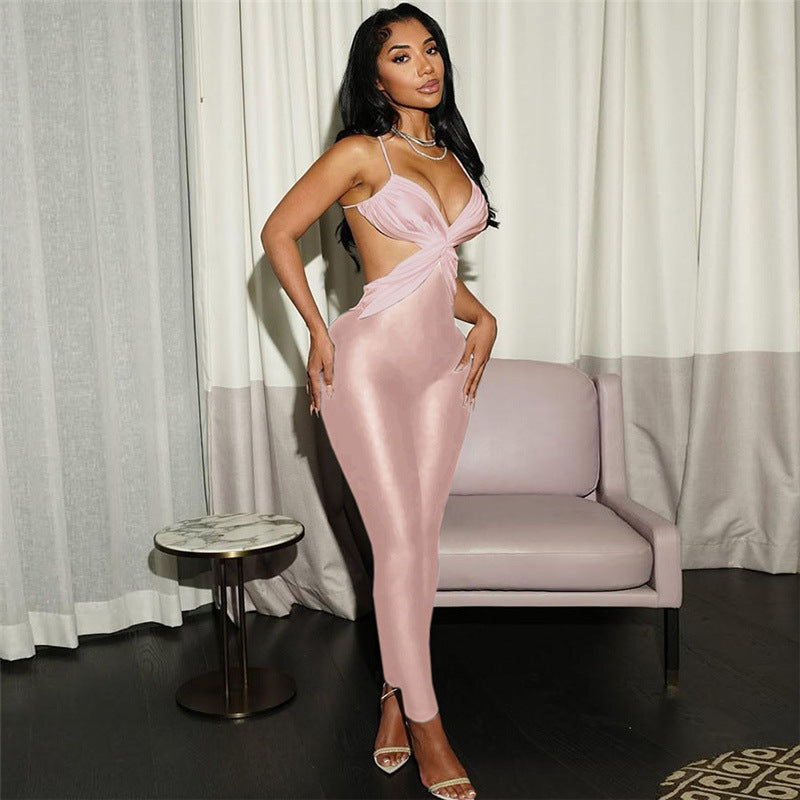 Sleeveless Backless Criss-Cross Colorblock High Waist Skin Tight Jumpsuit