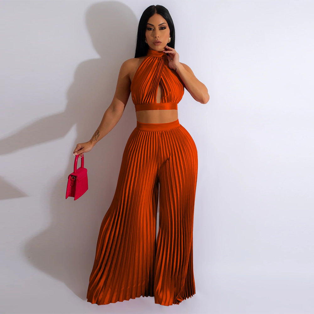 Pleated Women's Halter Silky Crop Top + Elastic Waist Wide Leg Pants 2-Piece Set