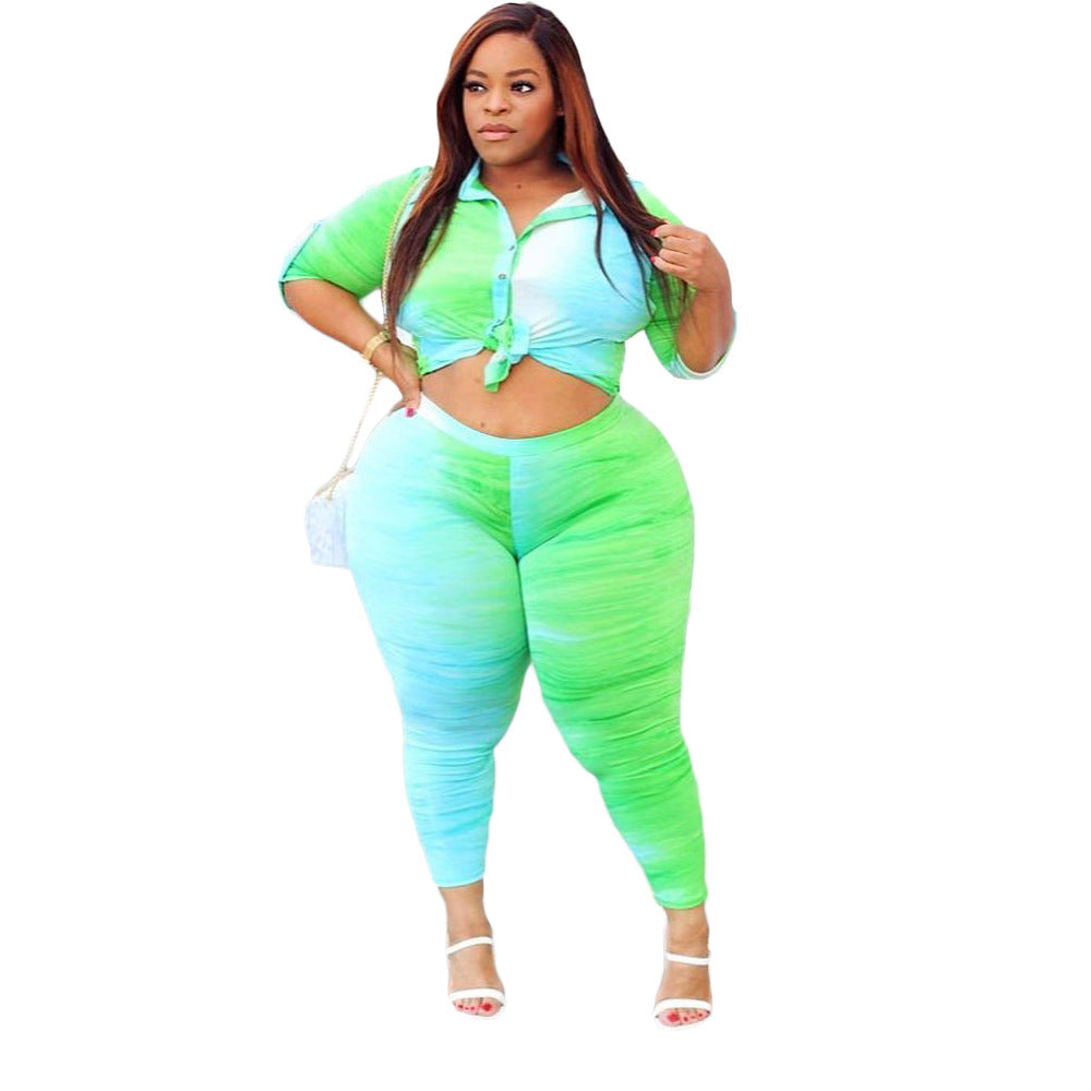 Neon Green/Baby Blue Colorblock Turn-Down Collar Blouse + Leggings 2-Piece Set to 5X Plus Size