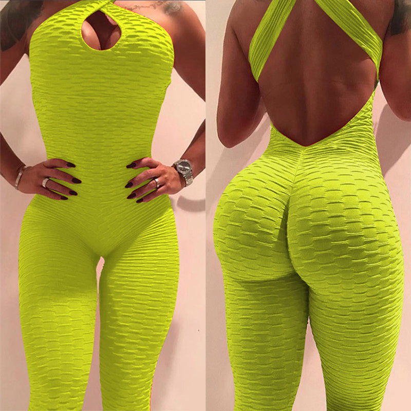 Texturized Criss-Cross Design Backless Ruched Fitness Workout Gym Jumpsuit