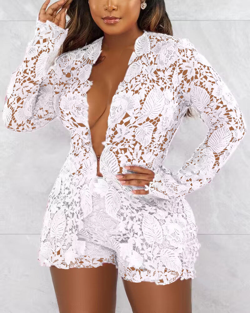 White Lace Transparent Hollow-Out Open Long Sleeve + Shorts Women's Formal 2-Piece Set