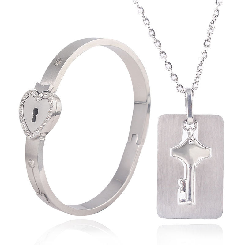 Titanium Sparkling Steel Couple Love Lock Chain Necklace + Bracelet Key Set