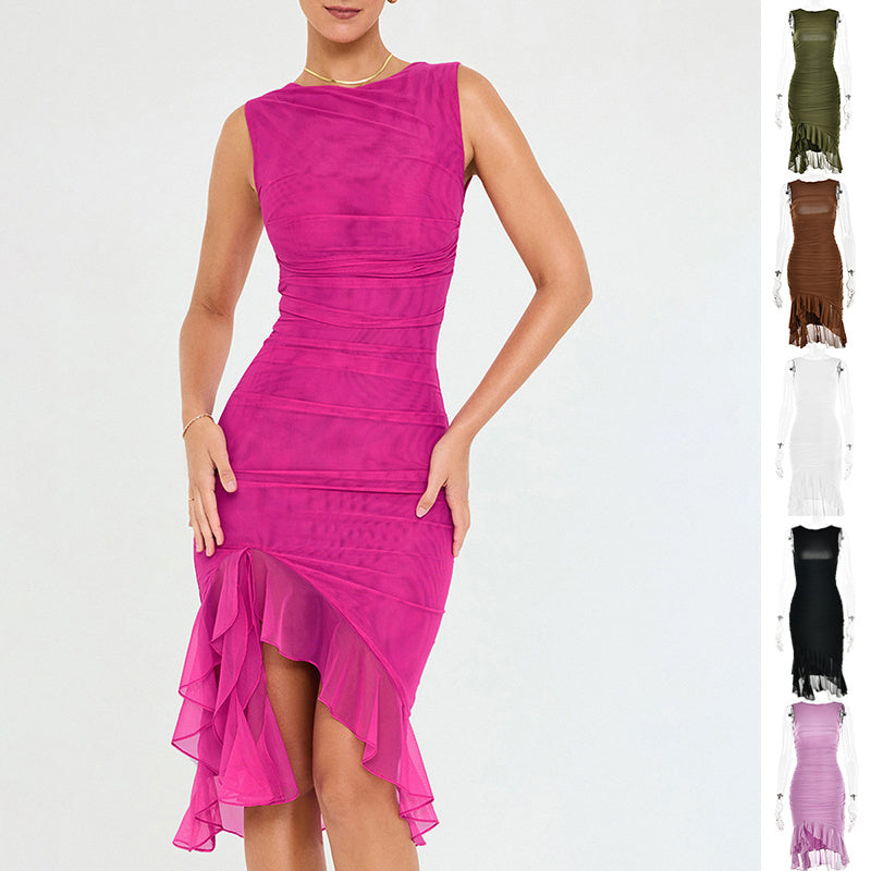 Lace Ruffled Hem Solid Color Skinny Sleeveless Formal Party/Club Dress