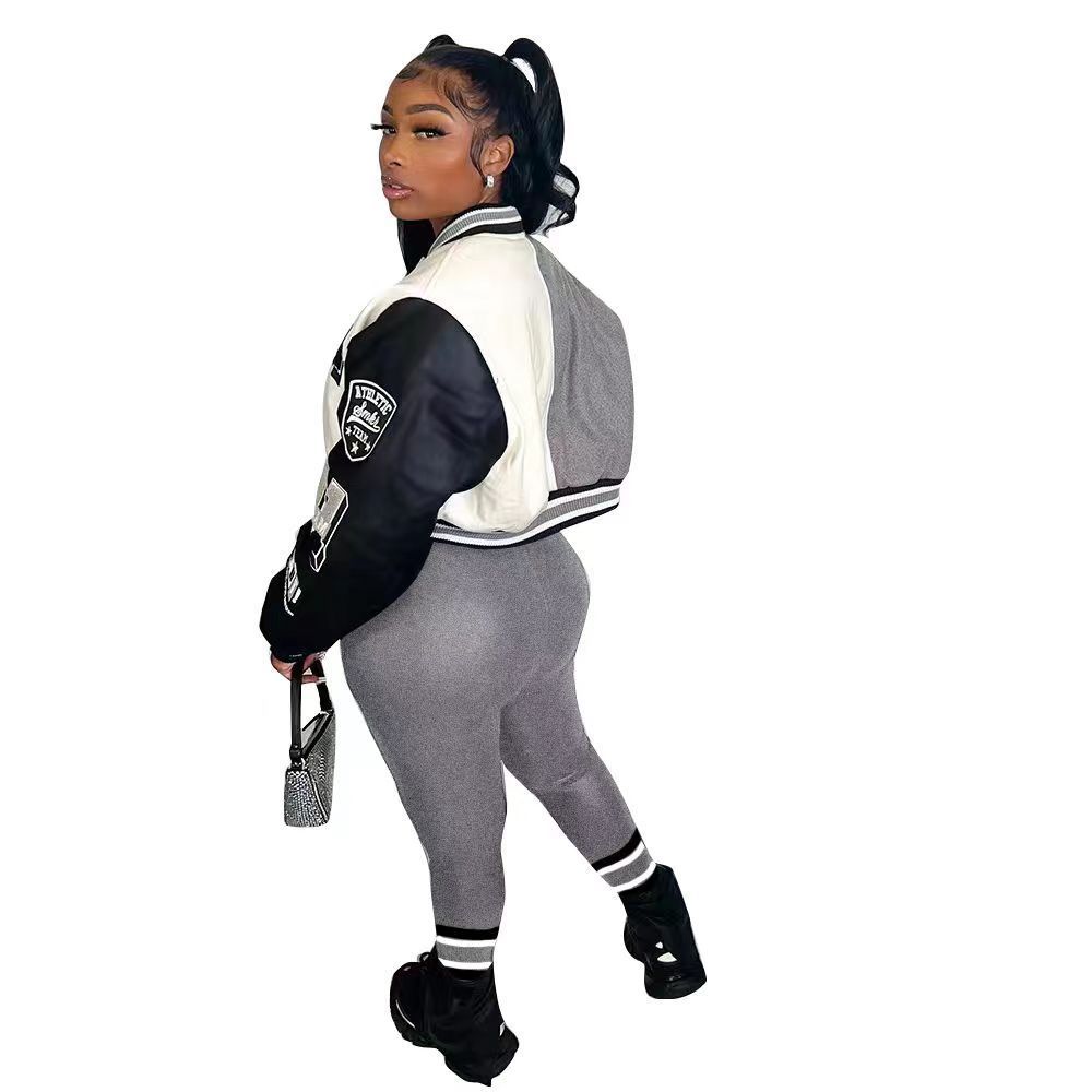Colorblock Varsity Women's Hip-Hop Letterman's Baseball Bomber Jacket + Sweatpants 2-Piece Set
