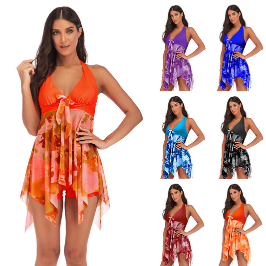 Multicolor Floral Layered Printed Silk Trim Lace-Up Hollow-Out Women's V-Neck Breathable Skirted One-Piece Tankini Swimsuit to 5X Plus Size