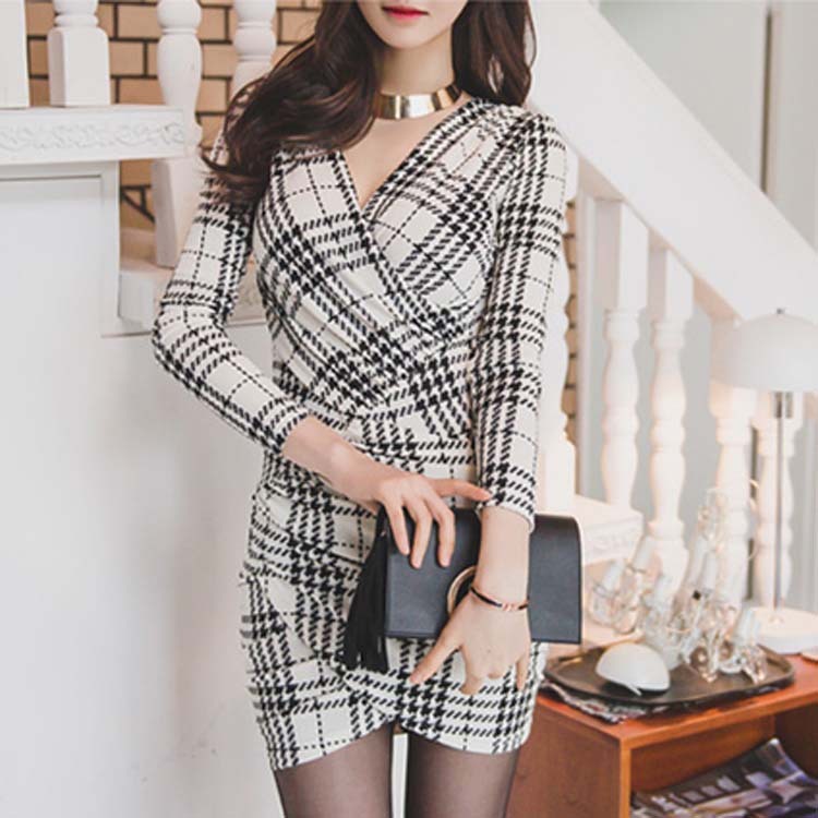 Houndstooth Plaid Print Long Sleeve Wrapped Blazer Mini Business Dress