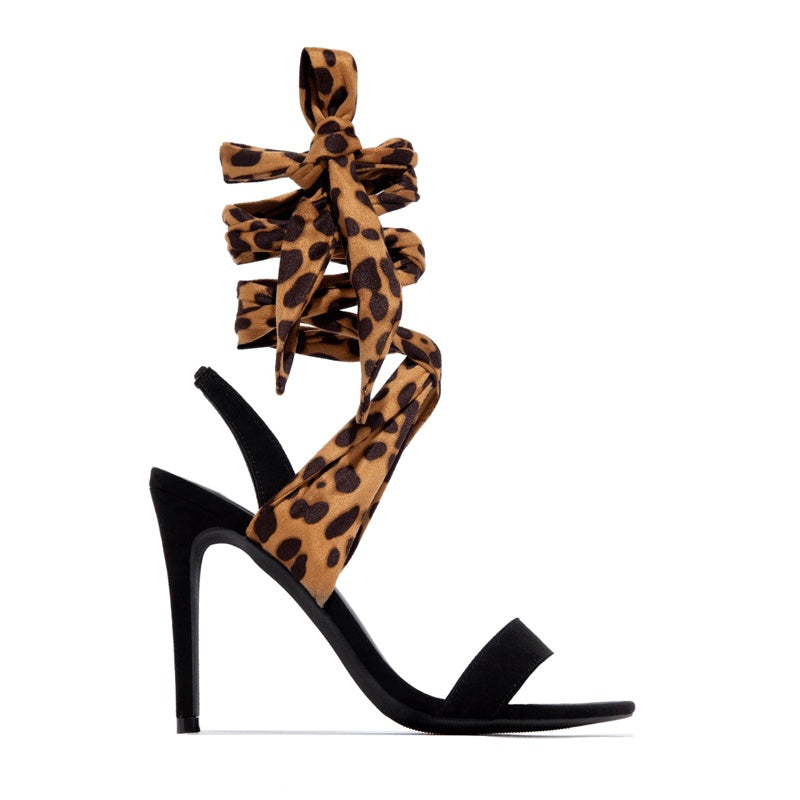Leopard Print Spiral Bowknot Design Open Toe Stiletto Heel Sandal Pumps