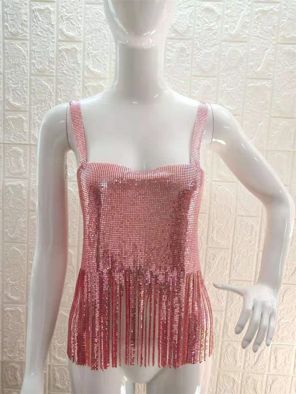 Metal Sequined Tassel Fringe Detail Women's Tank Top