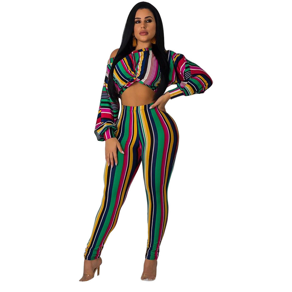 Rainbow Colorblock Striped Print O-Neck Women's Long Sleeve Crop Top + Leggings 2-Piece Set