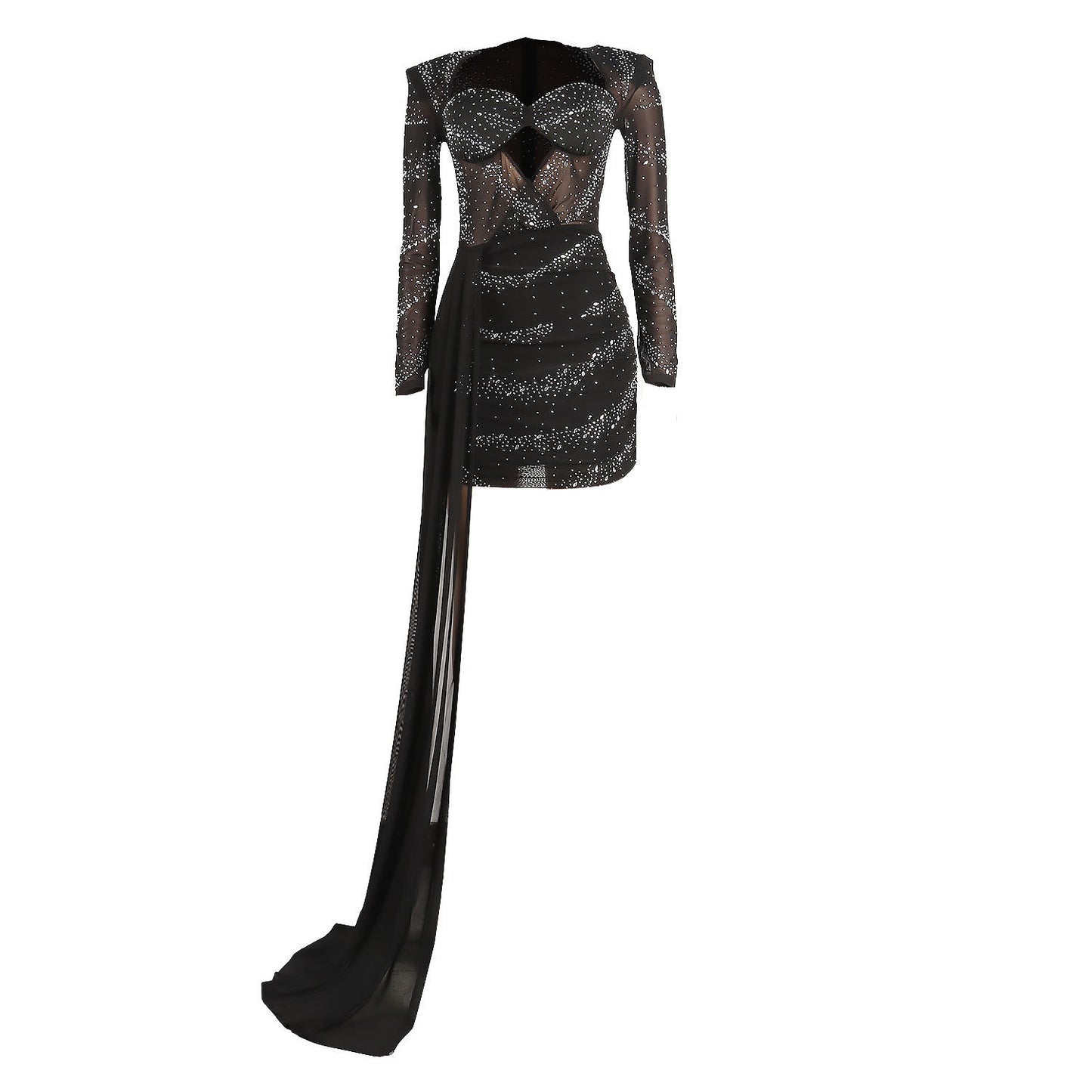 Rhinestone Hot Drill Padded Shoulder Hollow-Out Skinny Mini Formal Dress w/ Sweep Train