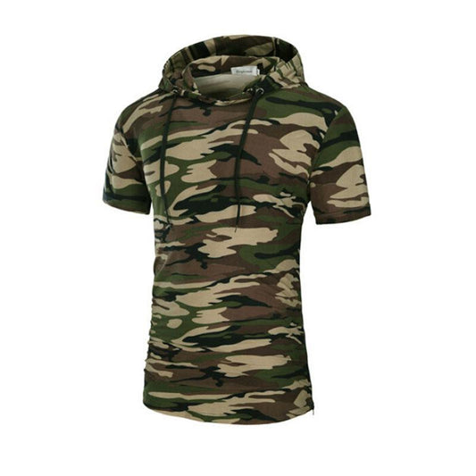 Men's Camo/Solid Color Print Short Sleeve Drawstring Hoodie Shirt