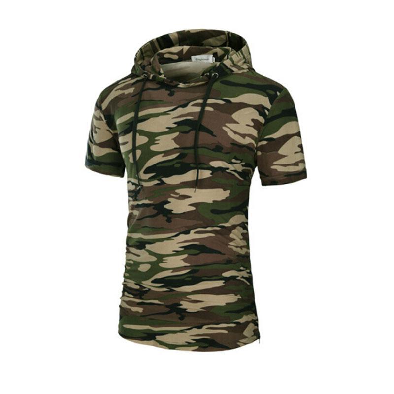 Men's Camo/Solid Color Print Short Sleeve Drawstring Hoodie Shirt