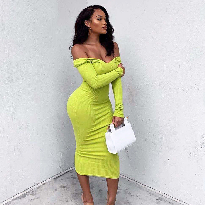 Ribbed Long Sleeve Solid Color Off-the-Shoulder V-Neck Maxi Dress