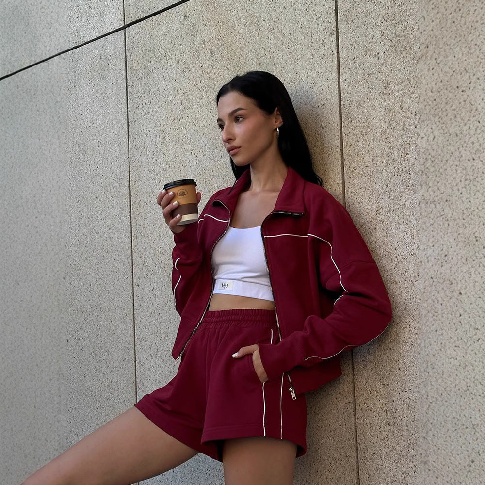Striped Women's Zipper Sport Jacket + Elastic Shorts Two-Piece Set