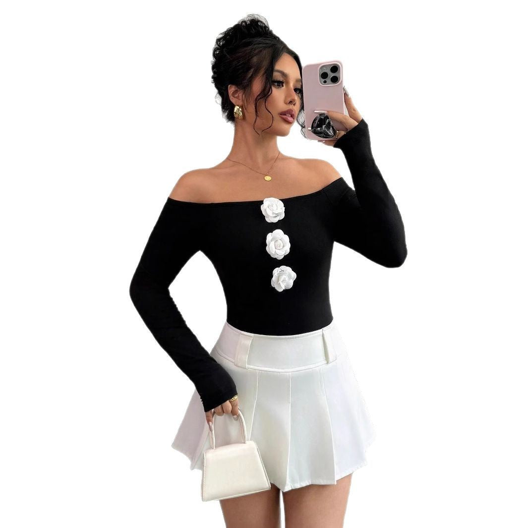 Black Off-the-Shoulder 3D White Floral Embroidered Skinny Long Sleeve Women's Shirt