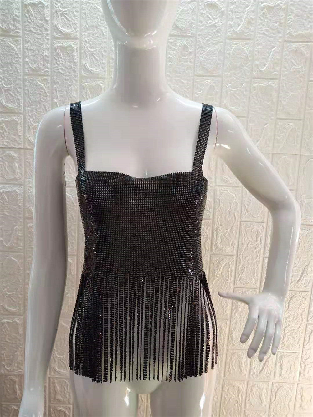 Metal Sequined Tassel Fringe Detail Women's Tank Top