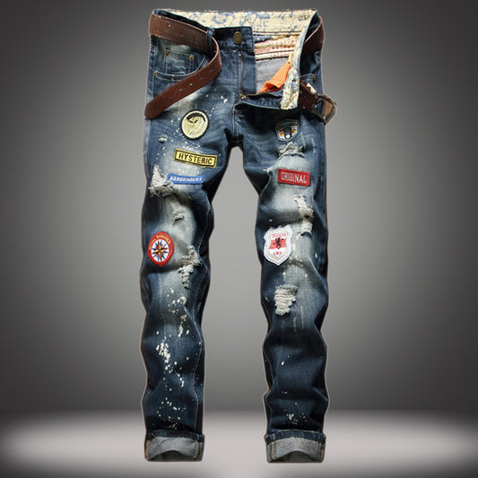 Men's Denim Patchwork Splash Ink Design Hip-Hop Ripped Skinny Jeans