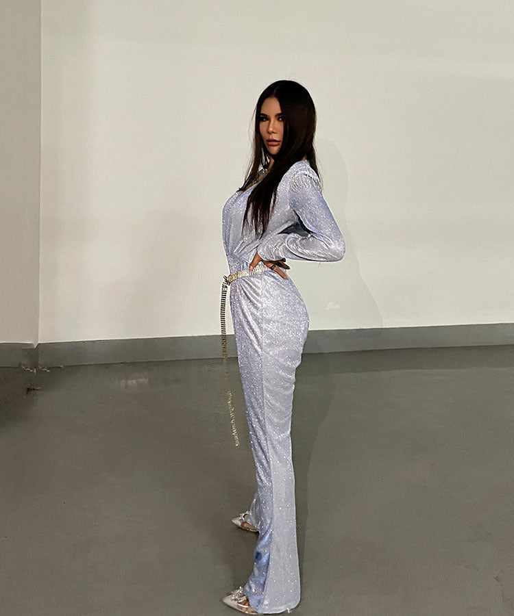 Sparkling Glitter Tassel Fringe Shoulder Design Deep V-Neck Long Sleeve Formal Party Jumpsuit w/ Chain Belt