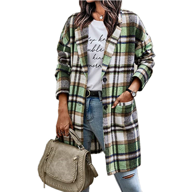 Plaid Print Oversized Women's Button-Up English Blazer Jacket