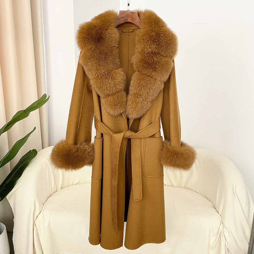Oversized Fur Collar Double Sided Water Ripple Wool Women's Trenchcoat