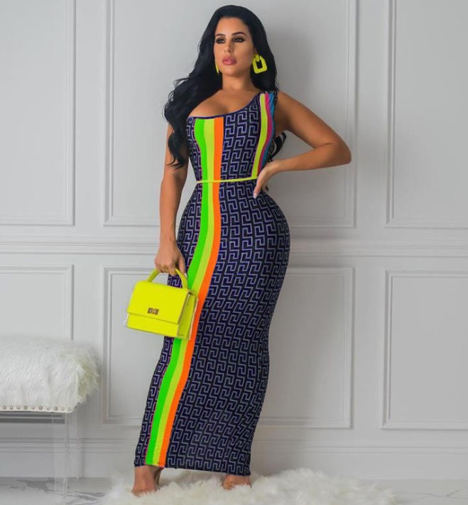 Geometric Asymmetrical One Shoulder Neon Side Striped Print Maxi Dress