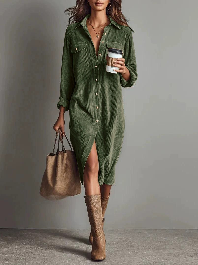 Double Pocket Design Turn-Down Collar Loose Button-Up Long Sleeve Office Midi Shirt Dress to 3X Plus Size