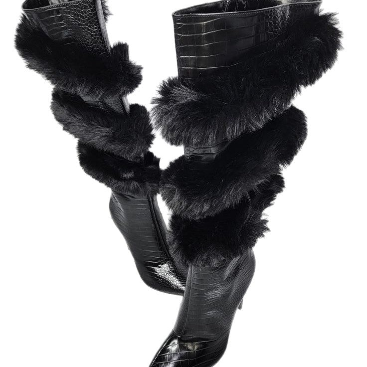 Leopard/Black Croc Print Spiral Faux Fur Wool Trim Pointed Toe Stiletto Heel Women's Knee-High Boots