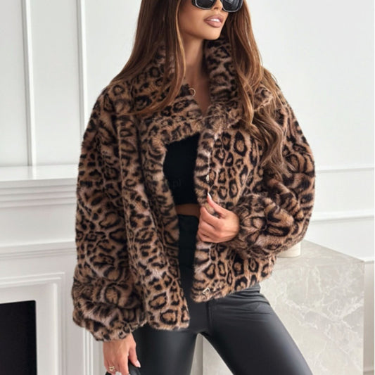 Leopard Fleece Turn-Down Collar Women's Jacket