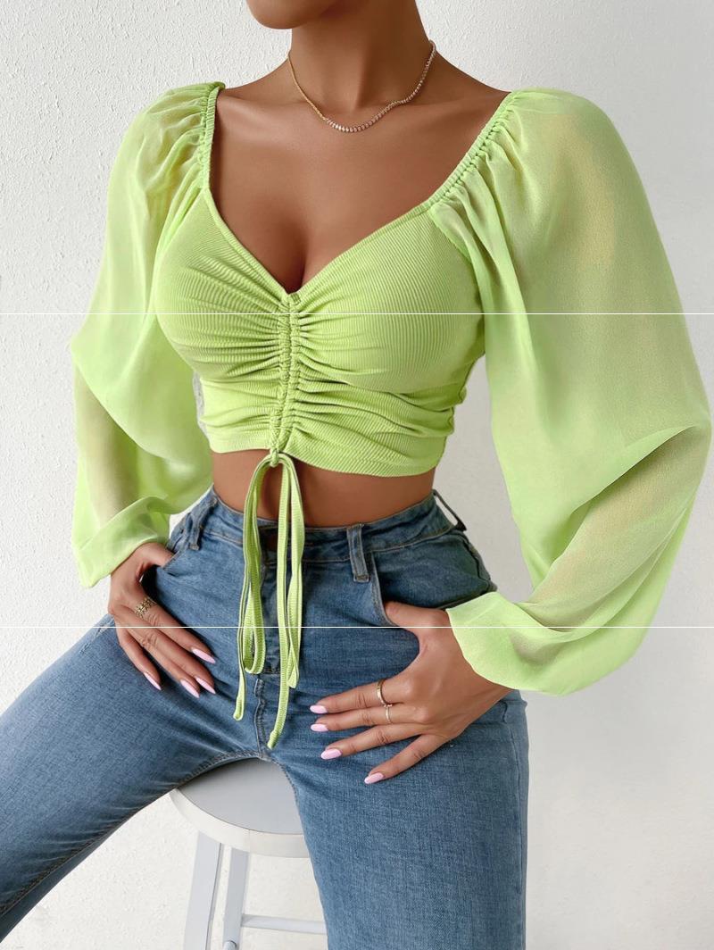 Mesh Ribbed Drawstring V-Neck Long Sleeve Women's Top to 3X Plus Size