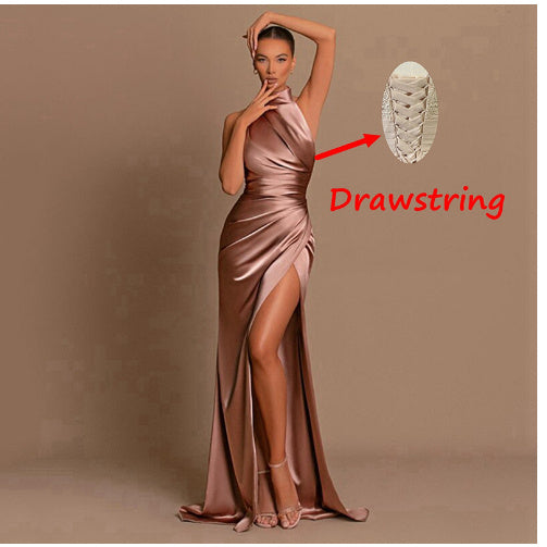 Sleeveless Pleated Ruched Stand Collar High Slit Solid Color Formal Party/Prom Maxi Dress