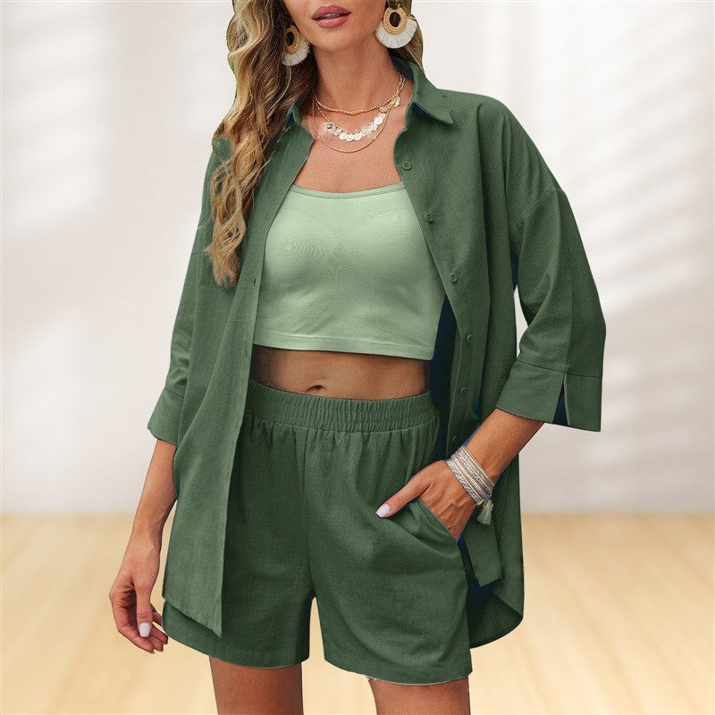 Solid Color Women's Casual 1/2 Sleeve Button-Up Women's Blouse + Elastic Waist Shorts 2-Piece Set
