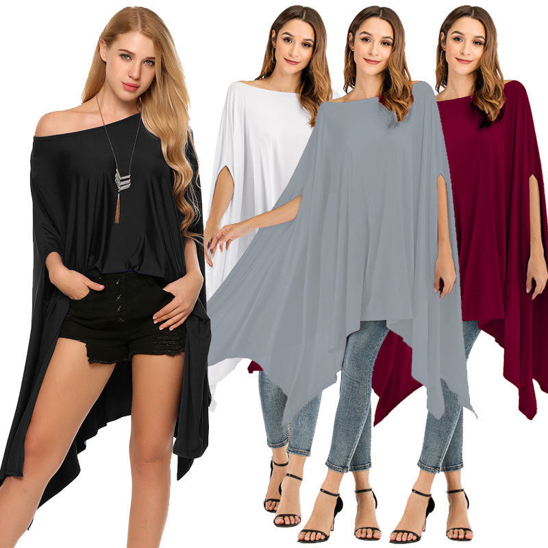 Irregular O-Neck Solid Color Batwing Sleeve Women's Maxi Shirt
