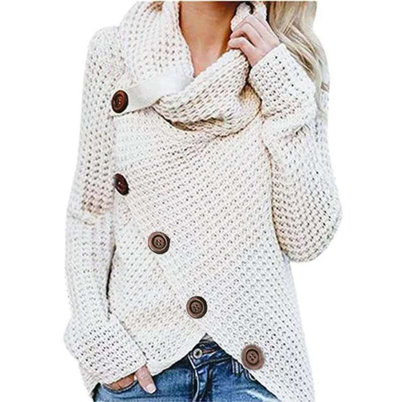 Turtleneck Button Design Long Sleeve Irregular Knitted Sweater